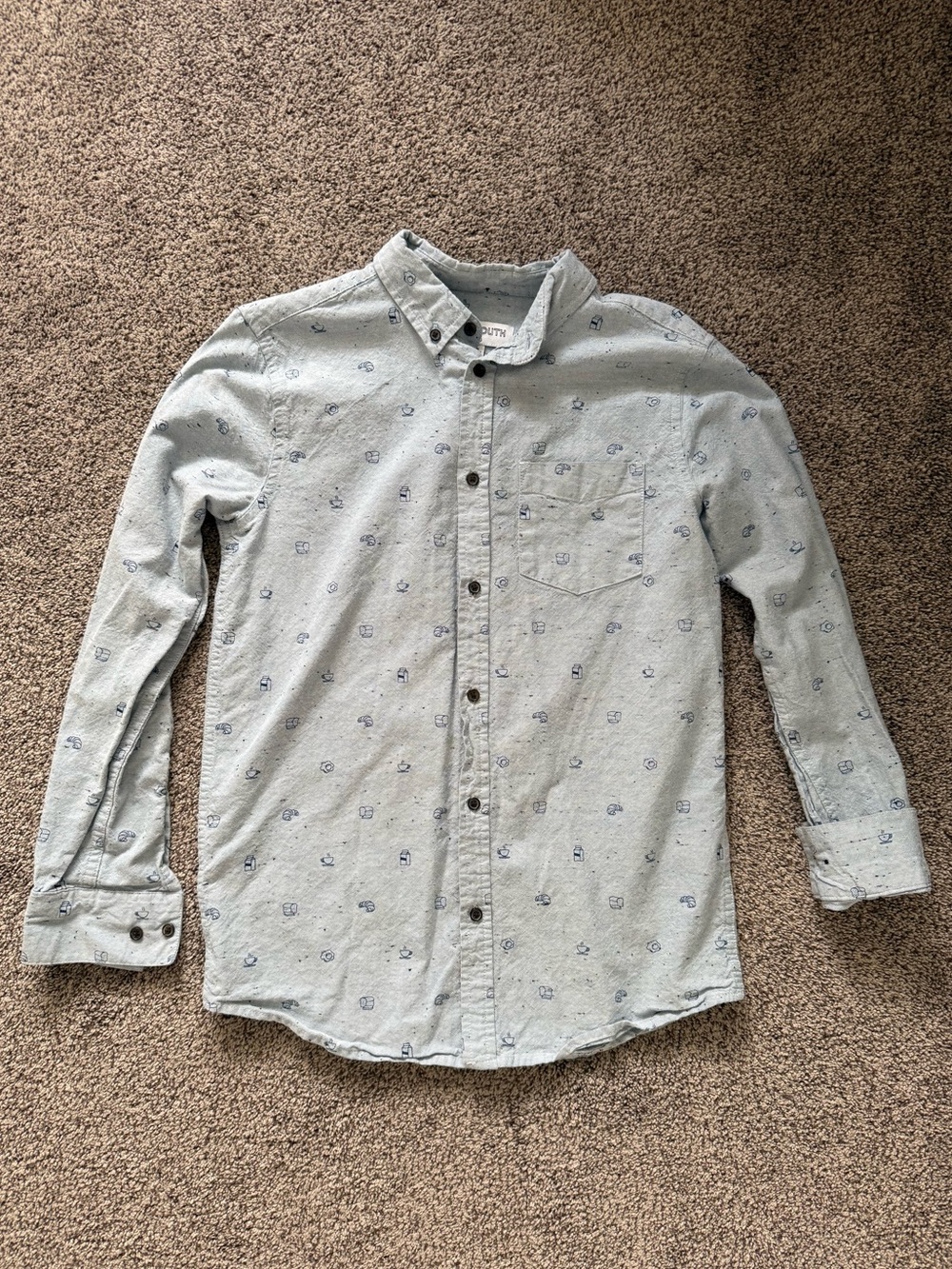 Boy’s Urban Youth Light Blue Grey Breakfast Print Button-Up Long Sleeve Shirt